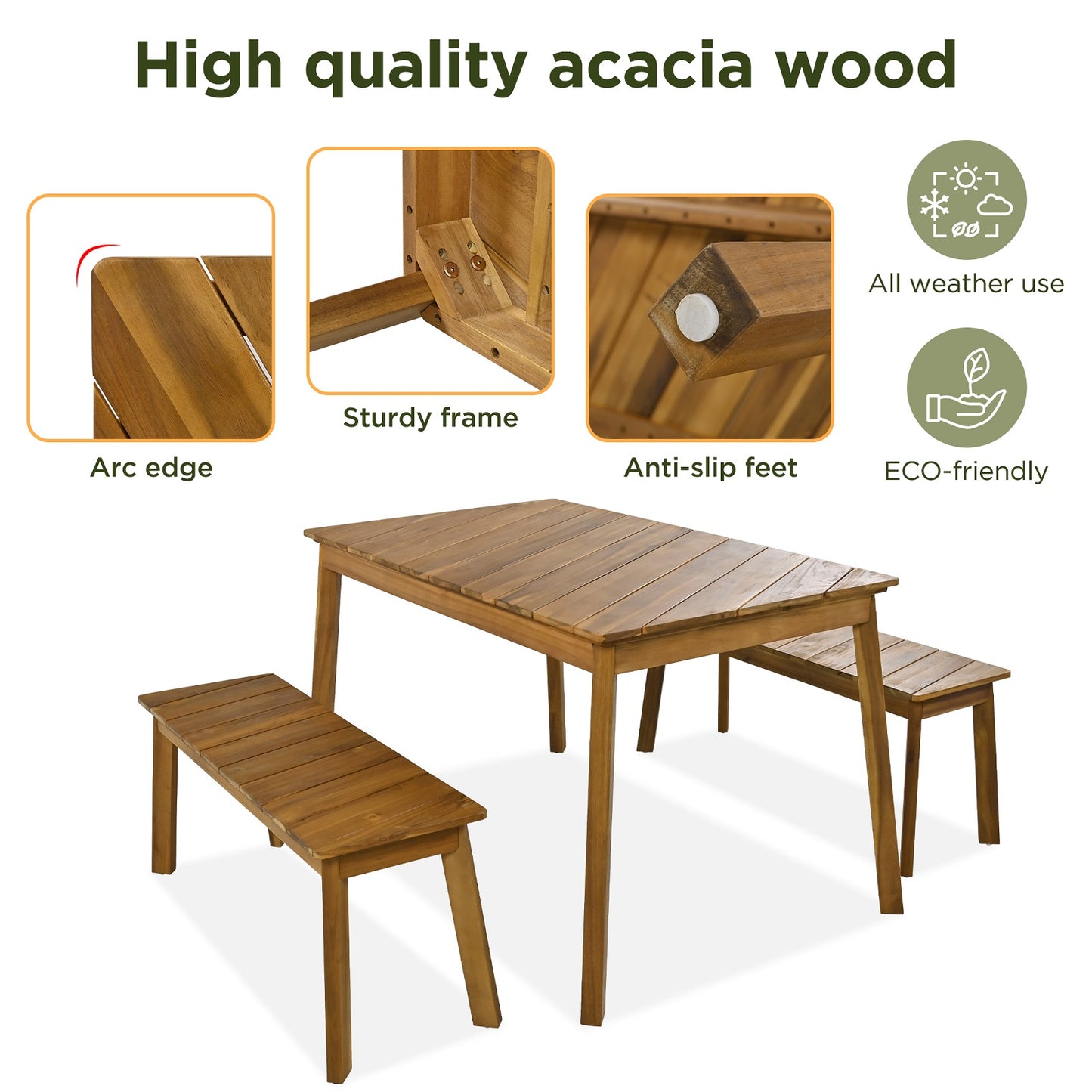 Algherohein Wood 3 Pieces Patio Table and Chairs,Outdoor Picnic Dining Set with 2 Benches