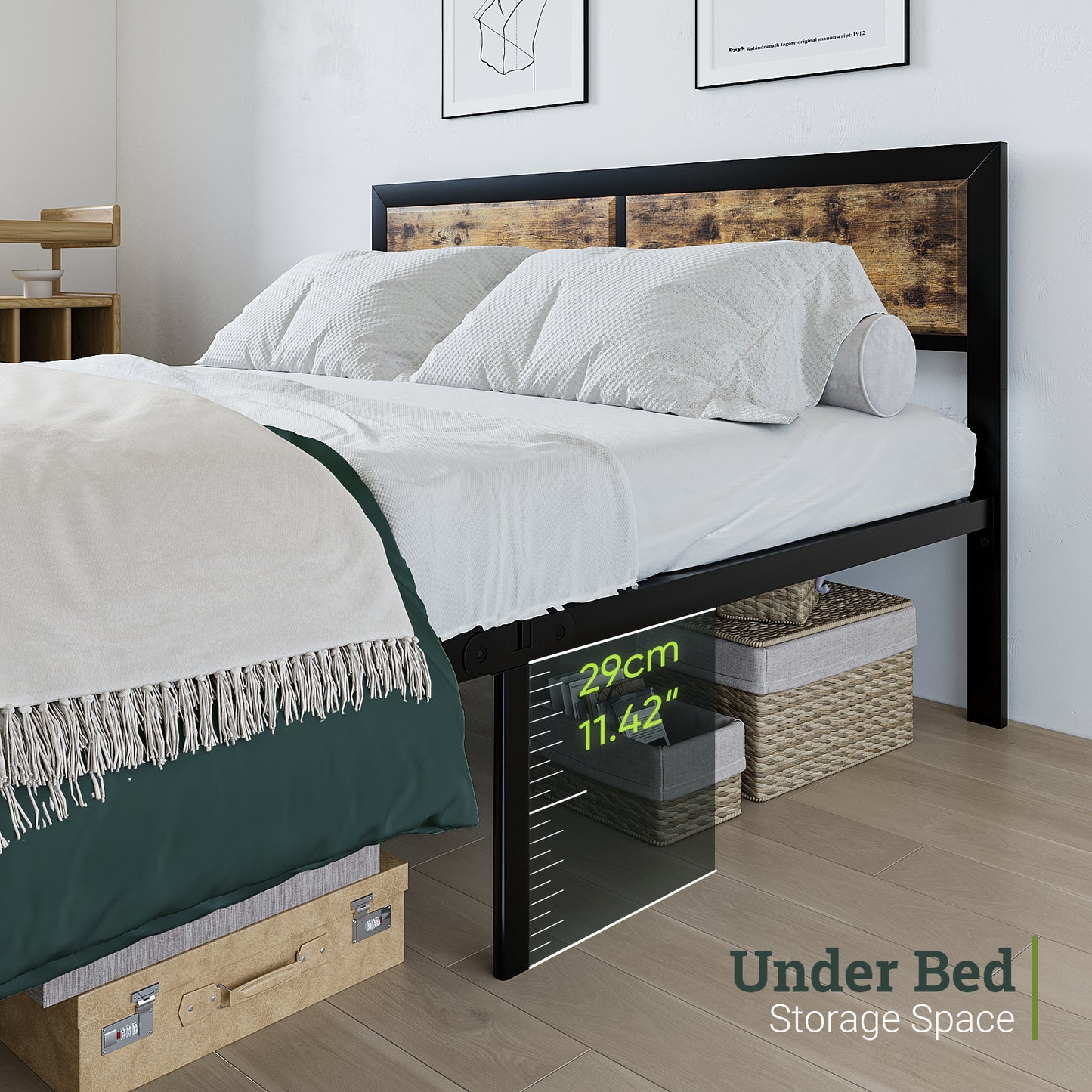 Algherohein Metal Bed Frame with Headboard Wood,No Box Spring Needed