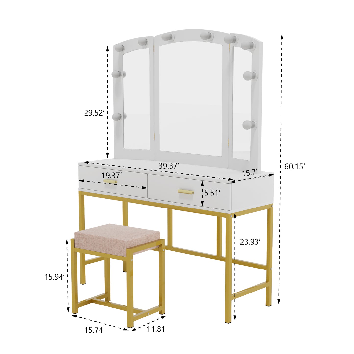 Semiocthome Vanity Table with 10 Led Lights, Makeup Desk with Lighted Mirror