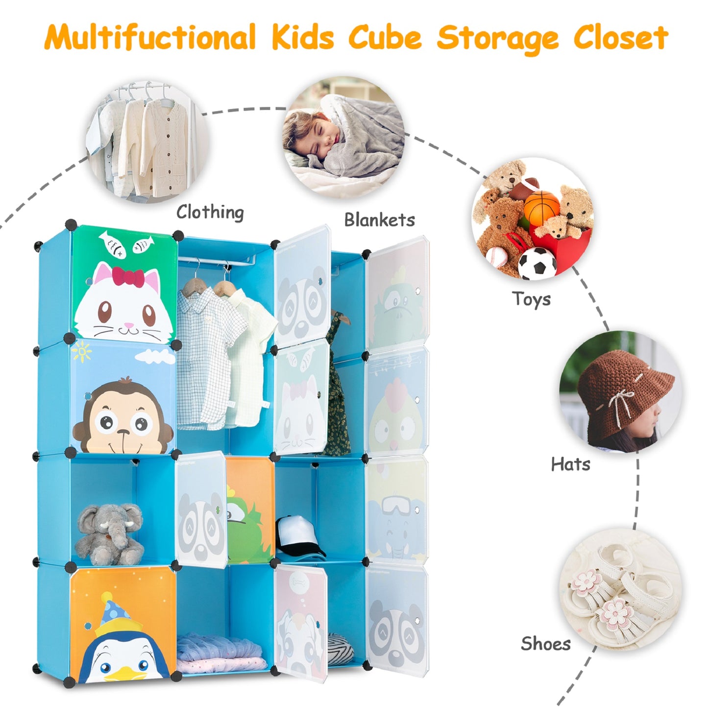 Smuxee Cartoon Animals Kids DIY Storage Closet,Kid Toys and Bookshelf Storage 12 Cube Organizer