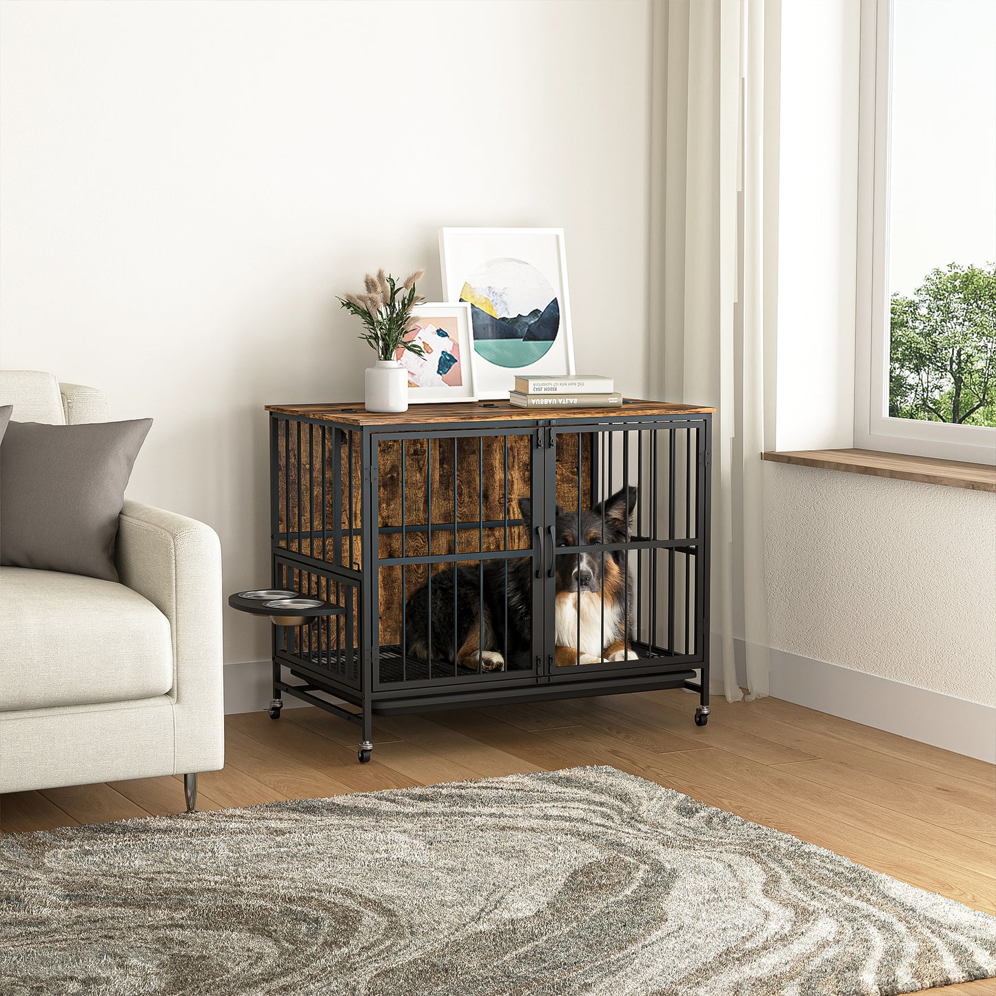 Smart FENDEE Modern Pet Kennel Dog Crate with Adjustable Feeding Bowls