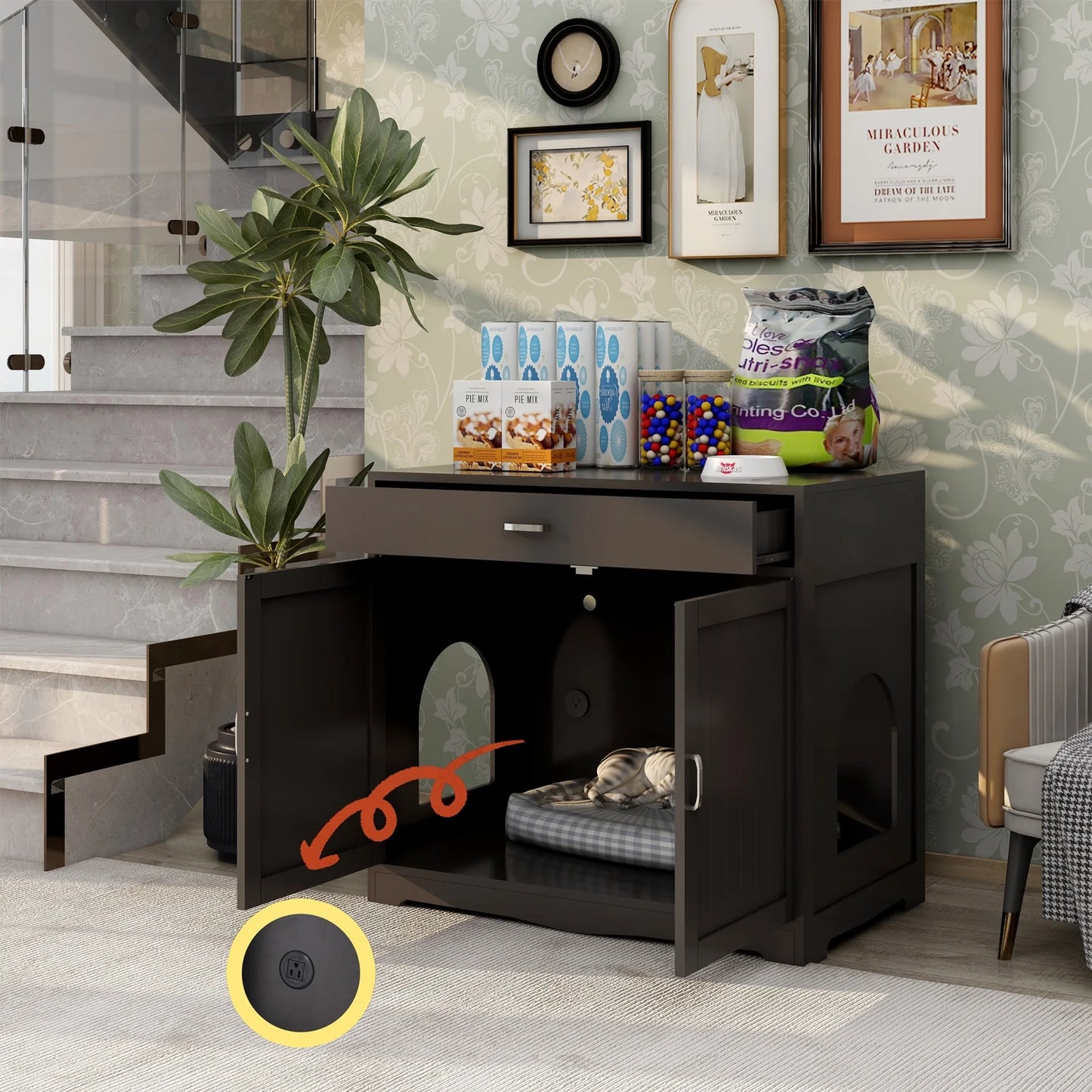 Smart FENDEE Modern Cat Litter Box with Hidden Plug, 2 Doors Wooden Pet House