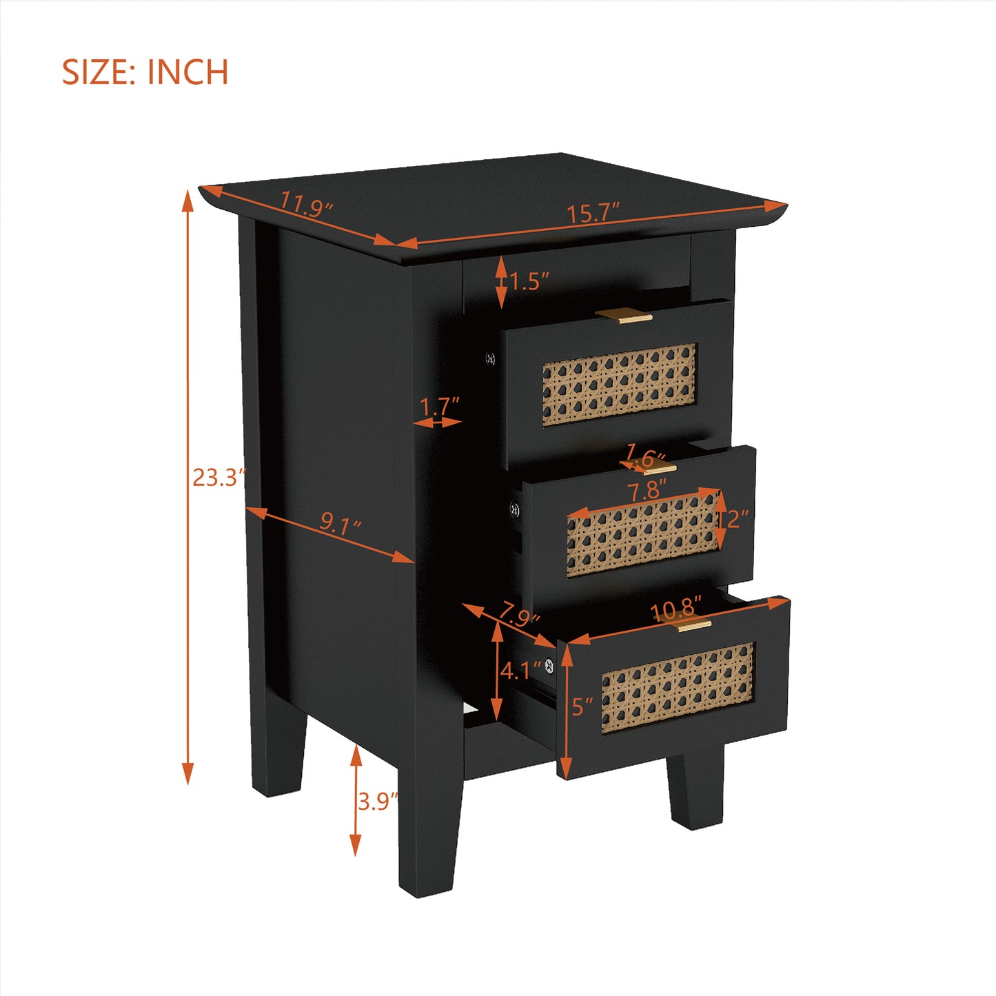 Semiocthome Modern Nightstand Set of 2 with 3 Rattan Drawers Bedside Table for Bedroom