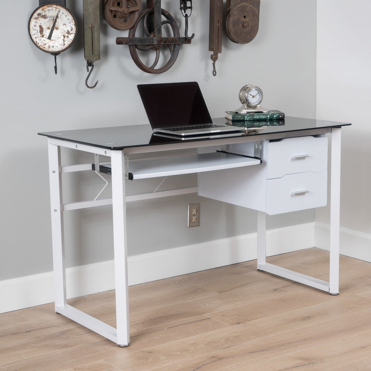 Algherohein Simple Computer Desk for Small Area with Keyboard Tray and 2 Drawers