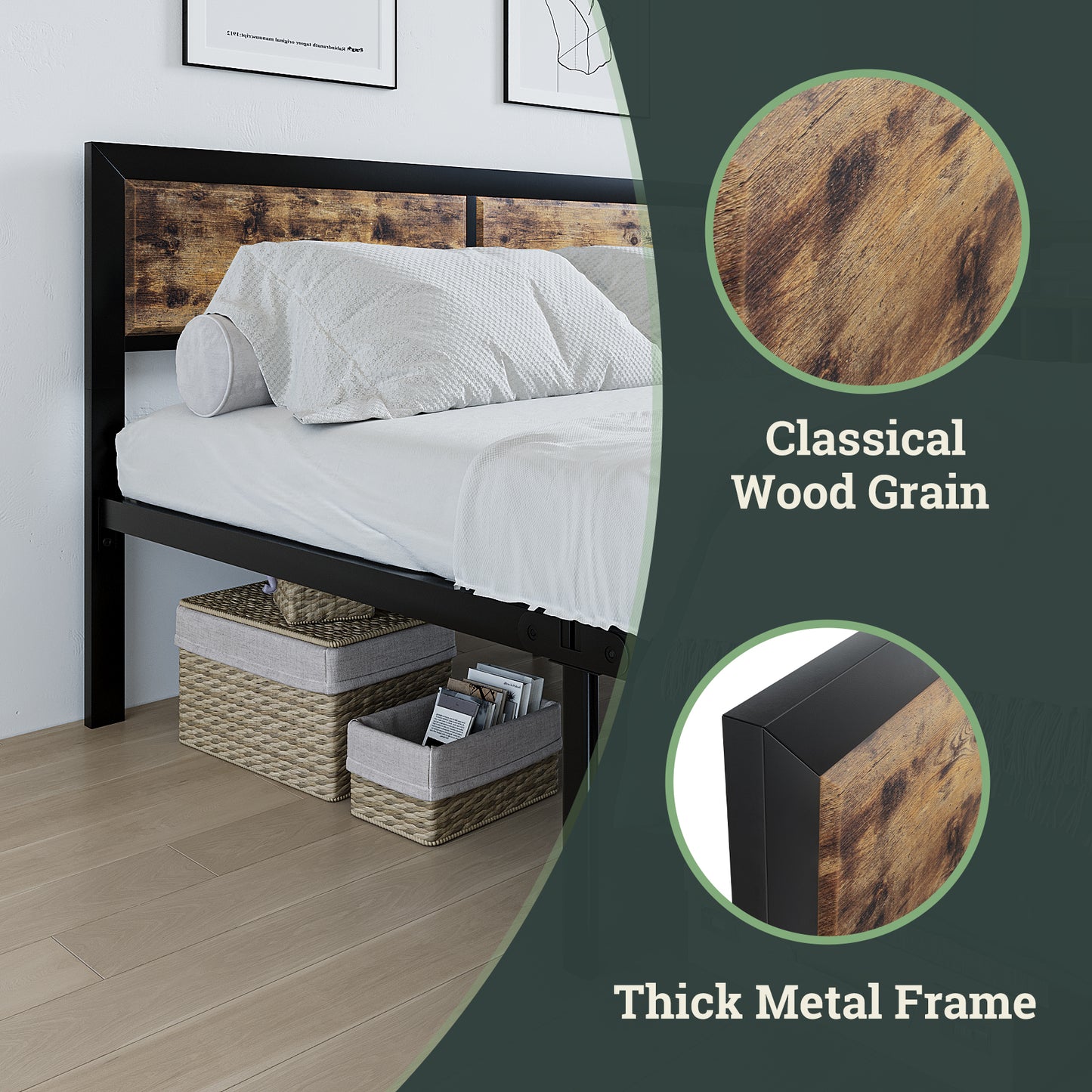 Algherohein Metal Bed Frame with Headboard Wood,No Box Spring Needed