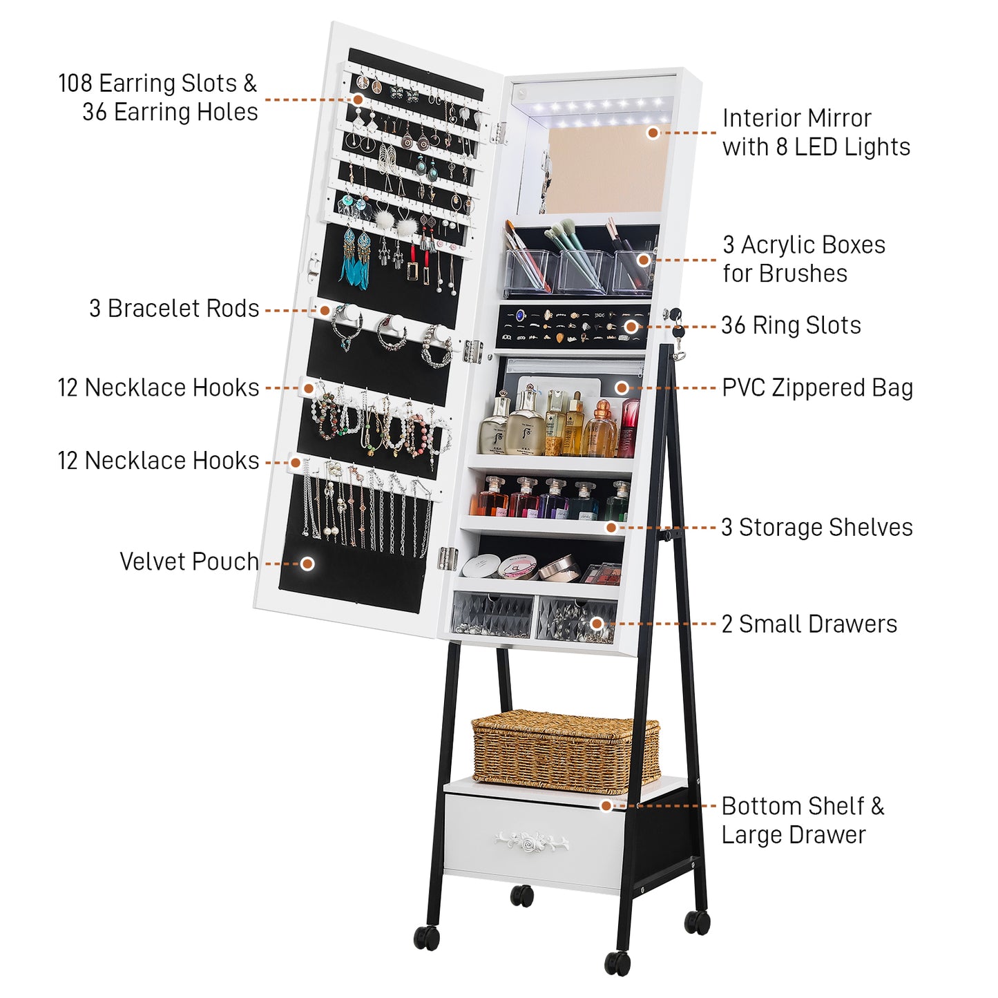 Smart FENDEE Wood Freestanding Jewelry Armoire Cabinet with Lights and Movable Wheel for Adult