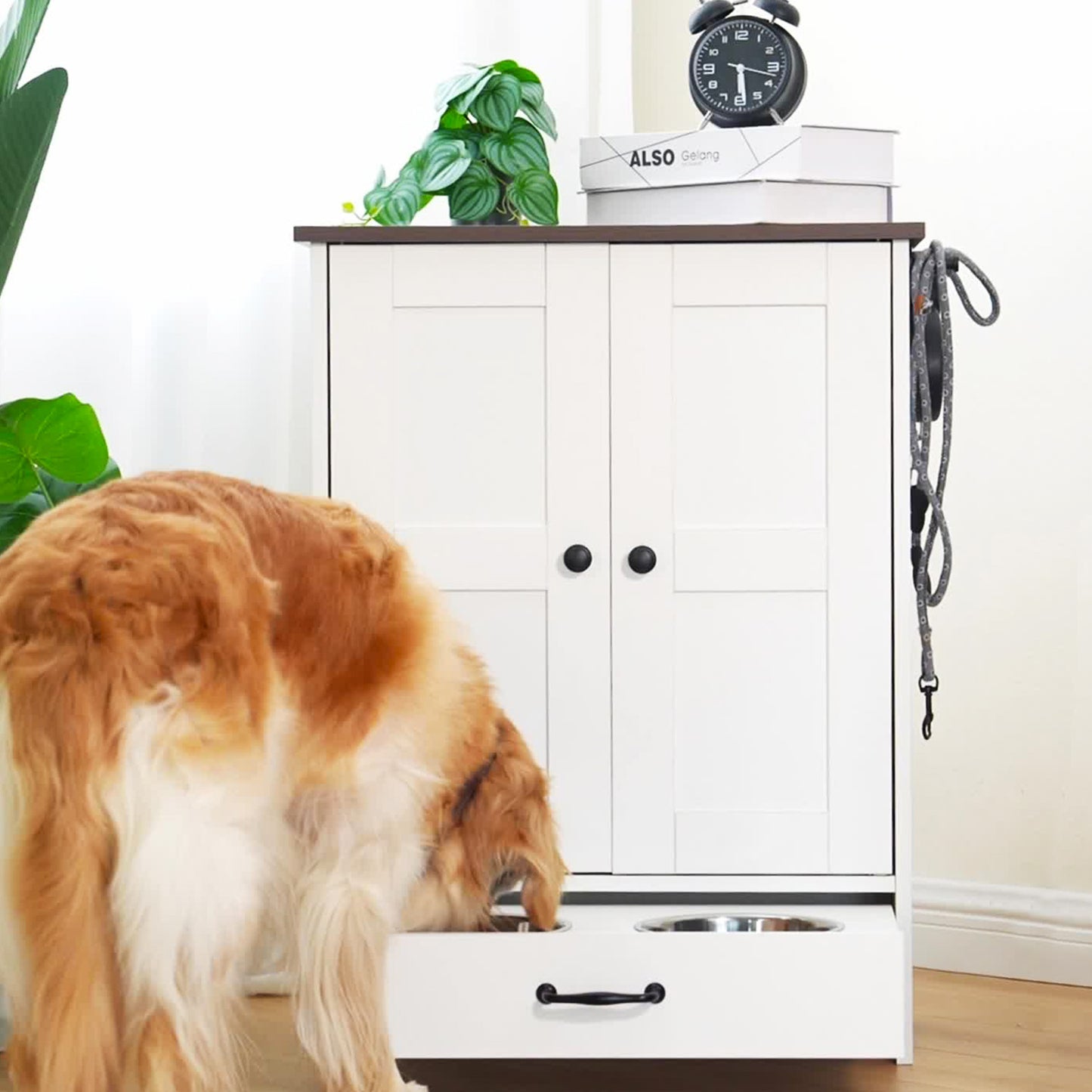 Smart FENDEE Dog Feeding Station Food Storage Cabinet with Hidden Dog Bowls and Hooks,White