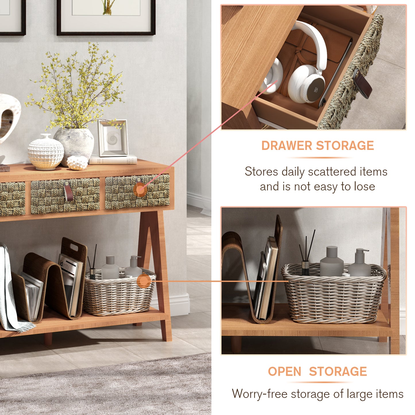 Algherohein Farmhouse Console Table with 3 Drawer and Shelf,Storage Entryway Table,Brown