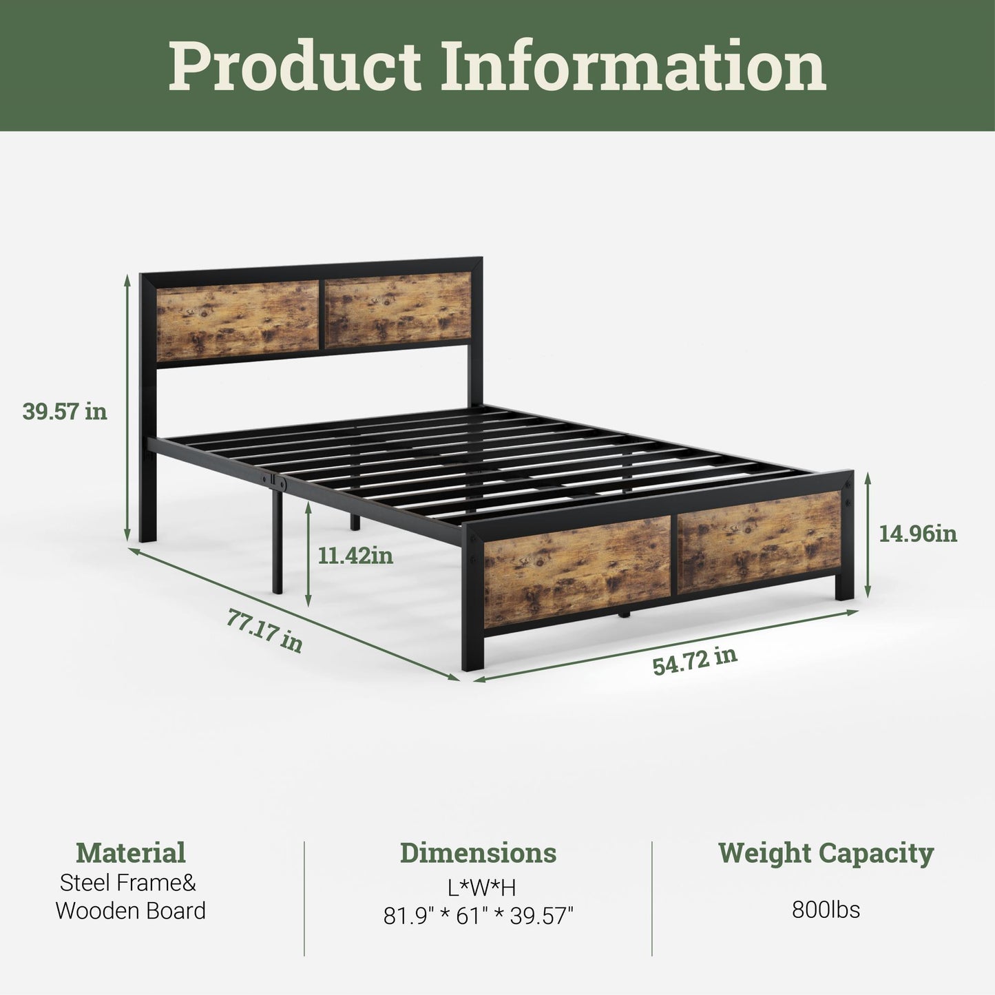 Algherohein Metal Bed Frame with Headboard Wood,No Box Spring Needed