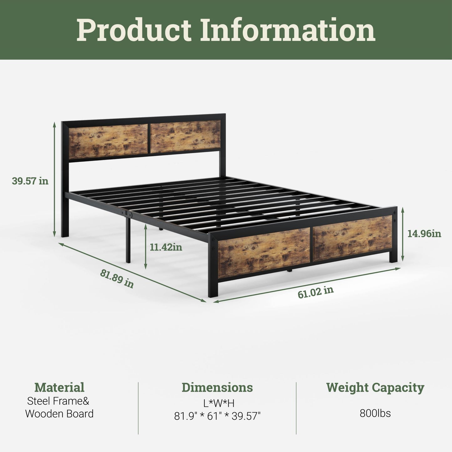 Algherohein Metal Bed Frame with Headboard Wood,No Box Spring Needed