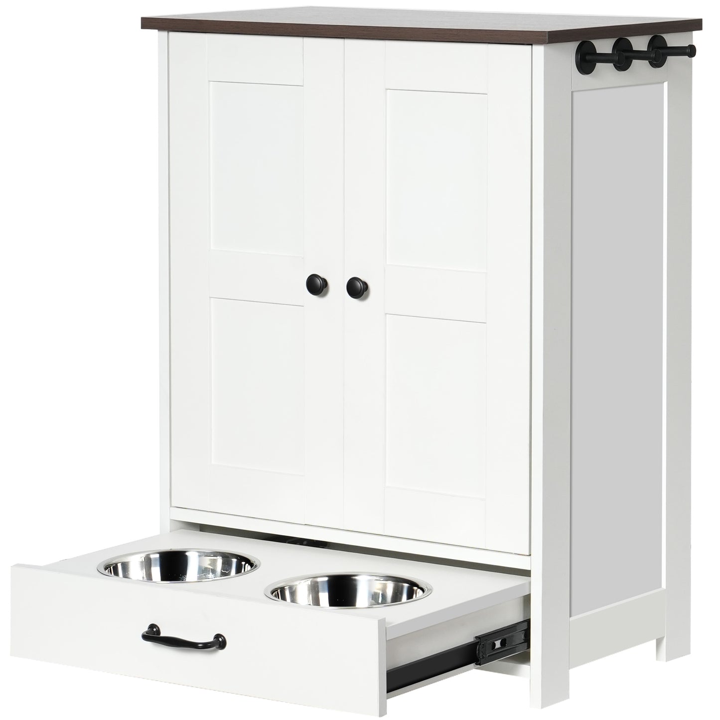 Smart FENDEE Dog Feeding Station Food Storage Cabinet with Hidden Dog Bowls and Hooks,White