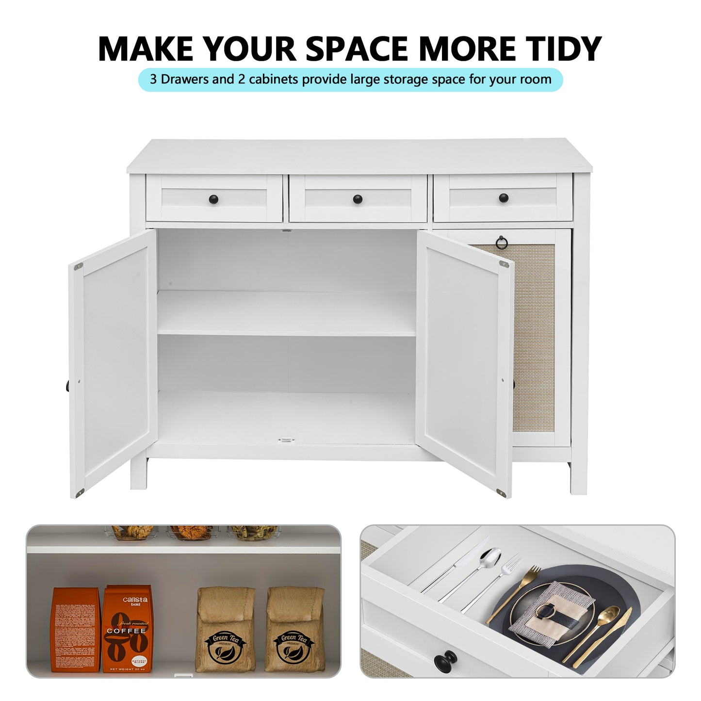 Semiocthome Rattan Storage Cabinet with Tilt Out Trash and 3 Drawers for Kitchen White