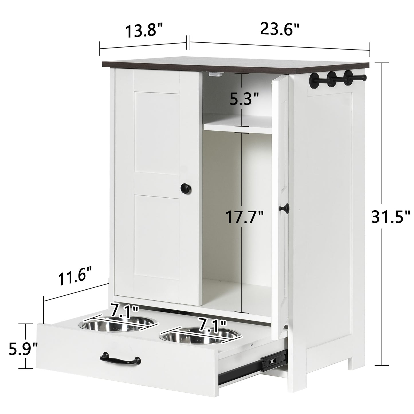 Smart FENDEE Dog Feeding Station Food Storage Cabinet with Hidden Dog Bowls and Hooks,White