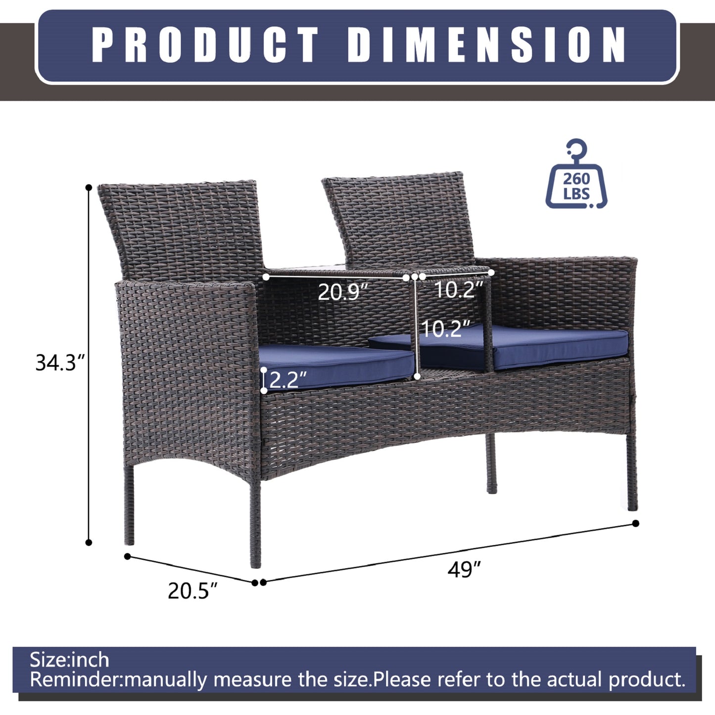 Algherohein Wood Outdoor Couch Seating 2-seat Set,20.5in W Patio Sofa with Coffee Table