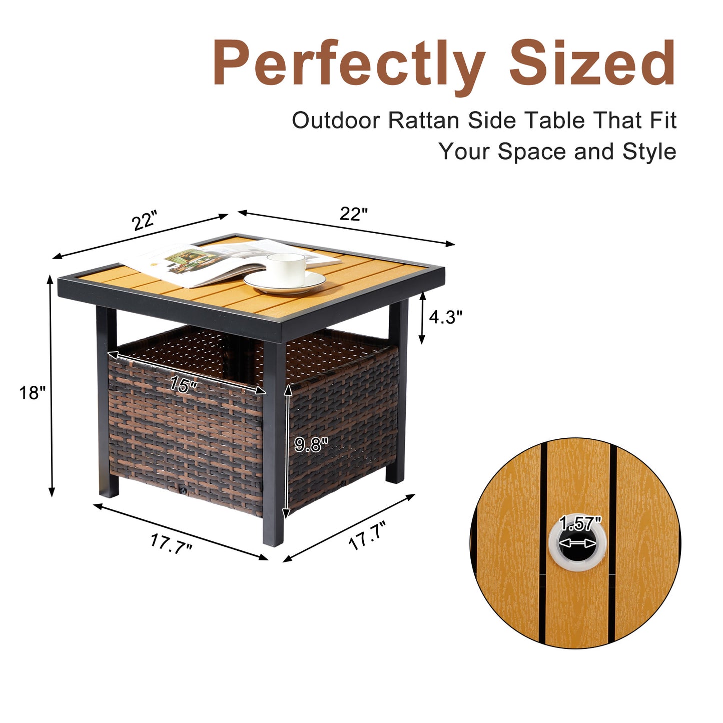 Algherohein Rattan Patio Square Tables with Umbrella Hole for Outdoor,18in H Small Side Tables