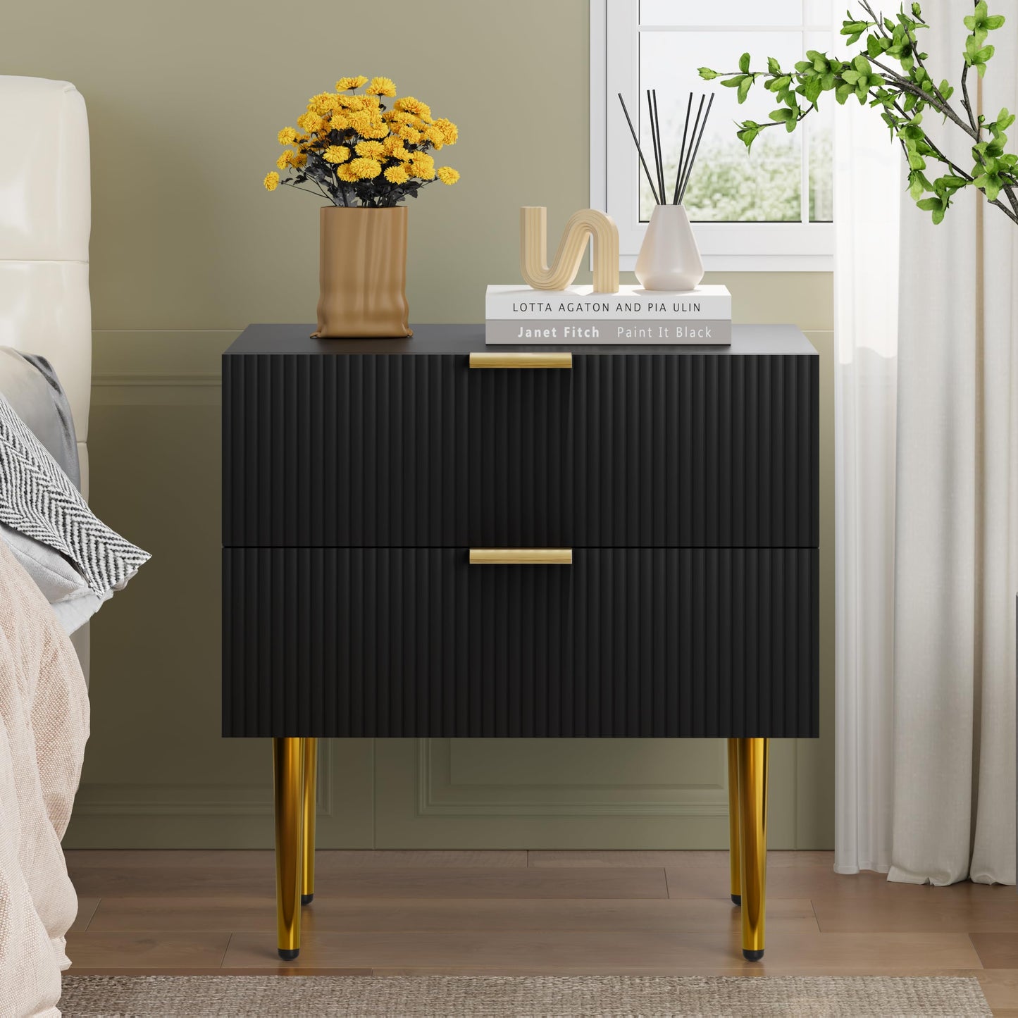 Semiocthome Fluted Nightstands with 2 Drawers Mid Century Modern Bedside Table for Bedroom