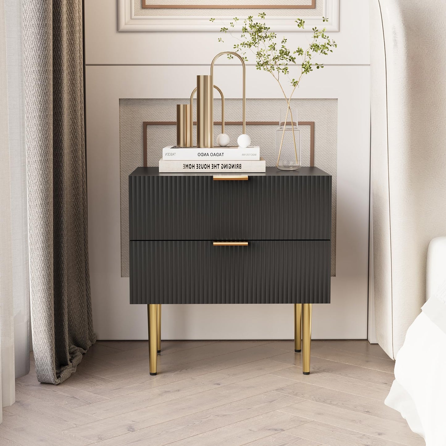 Semiocthome Black Nightstand Modern Night Stand with Wave Fluted Drawer for Bedroom
