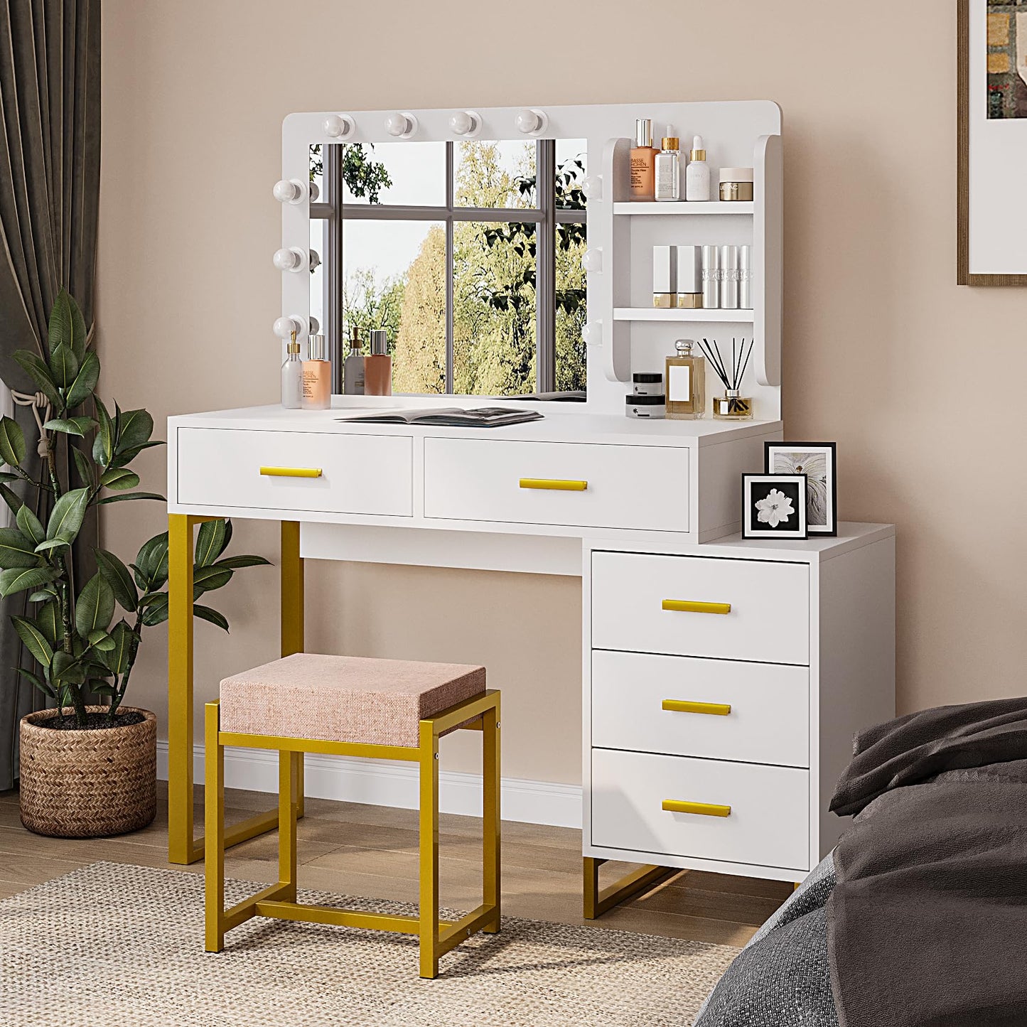 Semiocthome Vanity Table with 10 Led Lights, Makeup Desk with Lighted Mirror