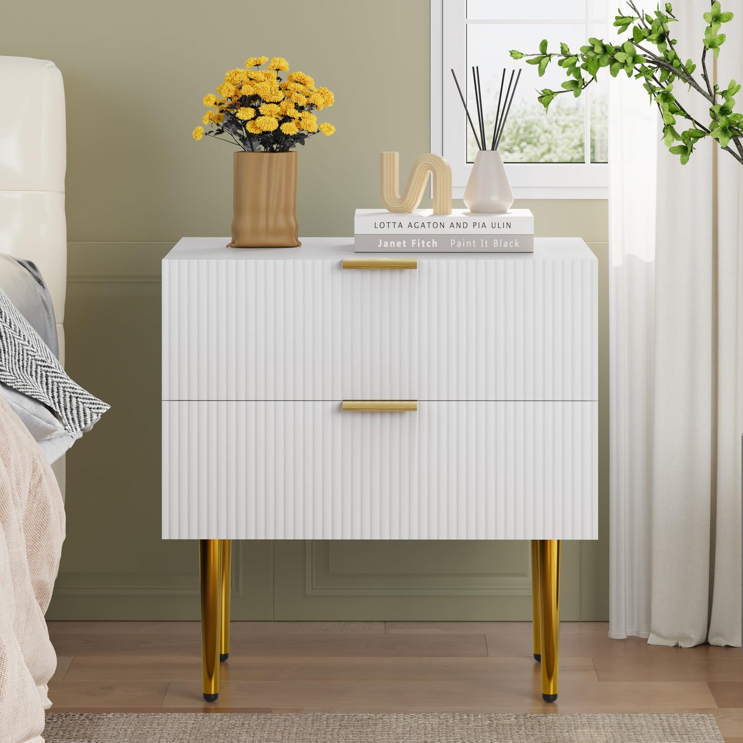 Semiocthome Fluted Nightstands with 2 Drawers Mid Century Modern Bedside Table for Bedroom