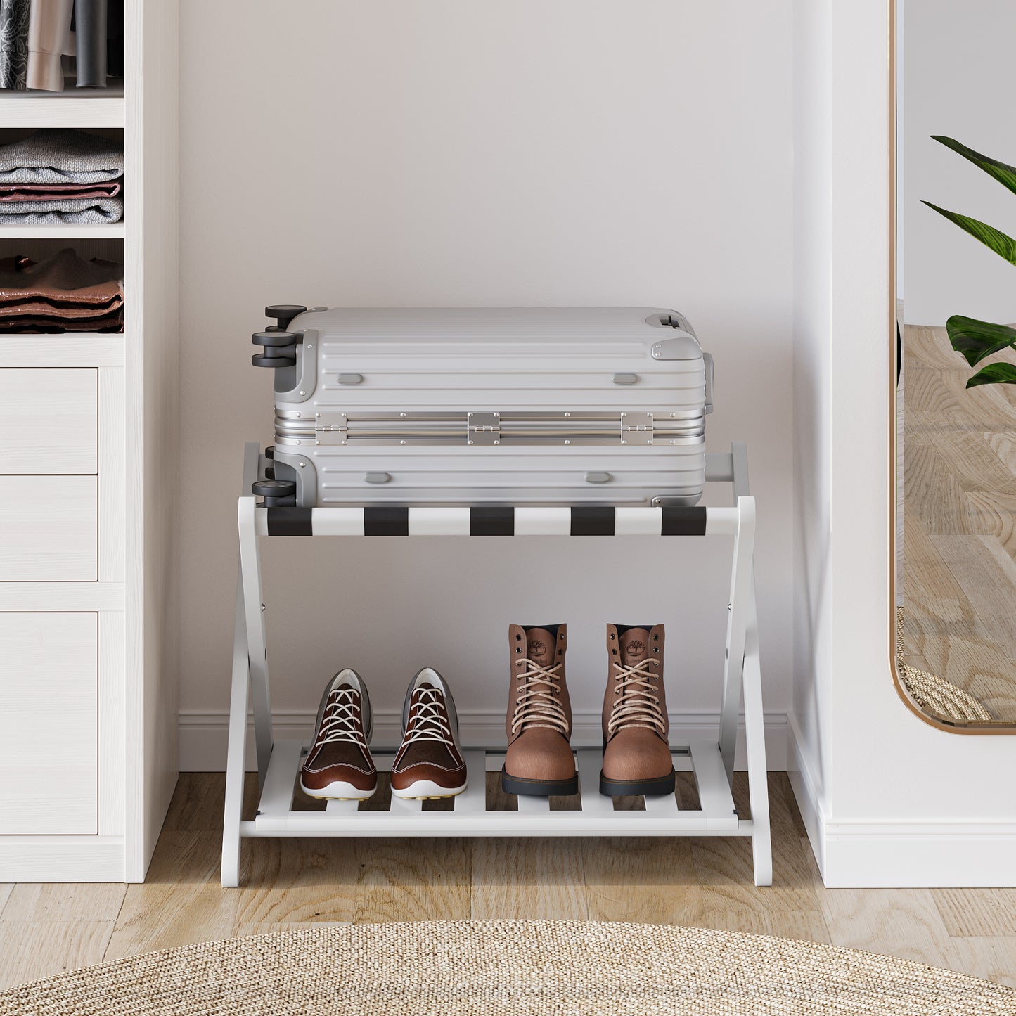 Algherohein Bamboo Folding Luggage Rack Suitcase Stand with Shelf