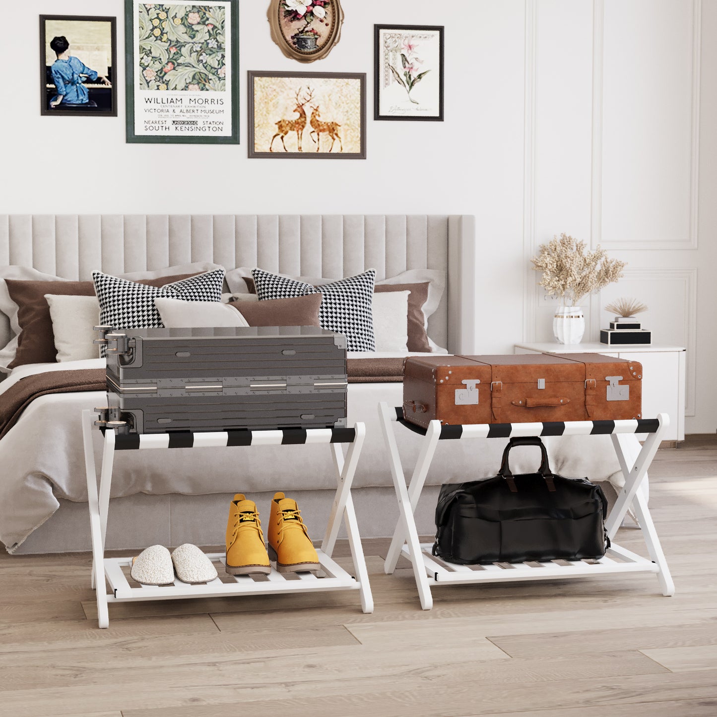 Algherohein Bamboo Folding Luggage Rack Suitcase Stand with Shelf