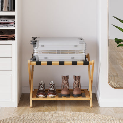 Algherohein Bamboo Folding Luggage Rack Suitcase Stand with Shelf