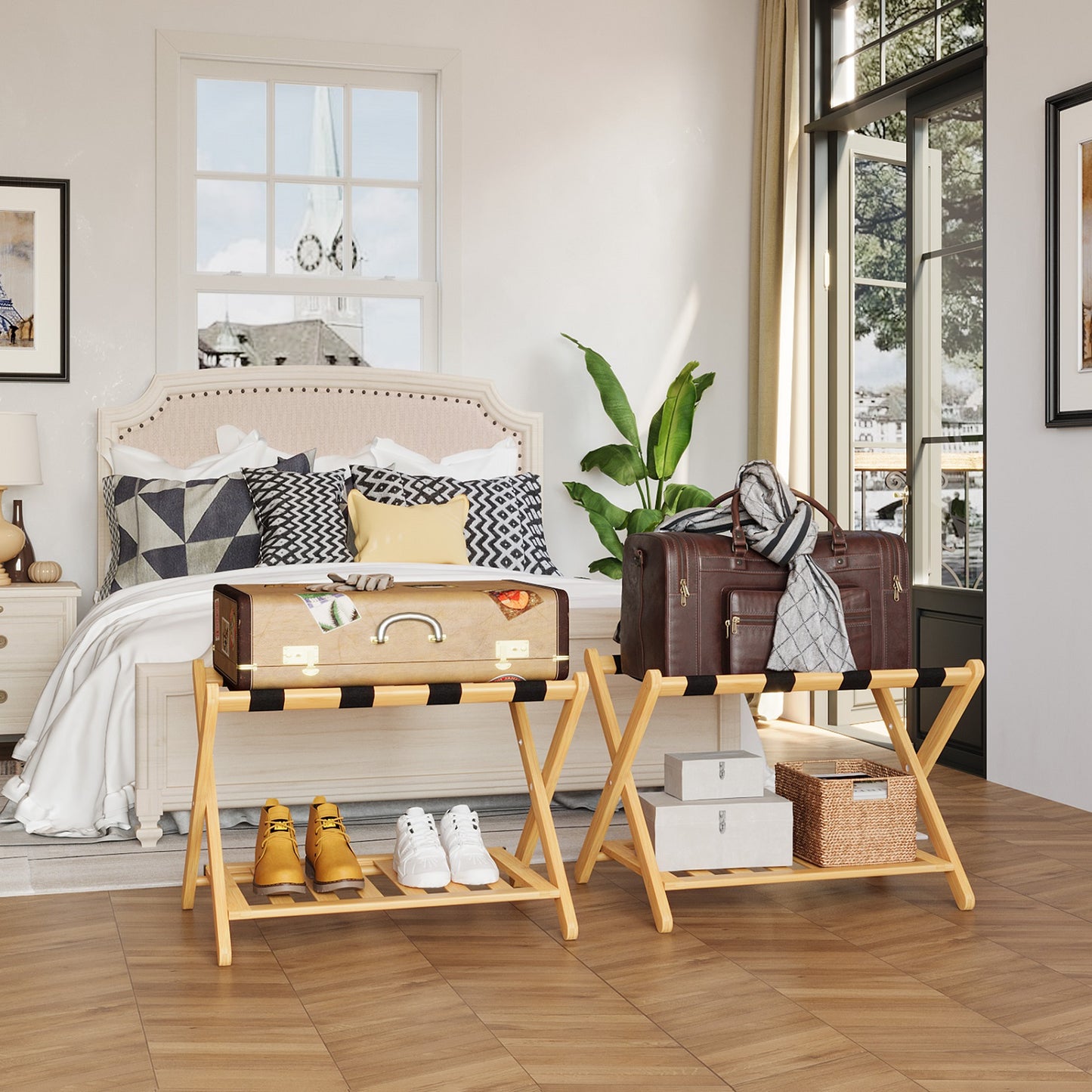 Algherohein Bamboo Folding Luggage Rack Suitcase Stand with Shelf