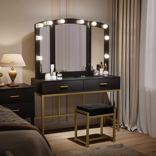 Smuxee Modern Dressing Table Set with 10 LED Lights and Mirror ,Black