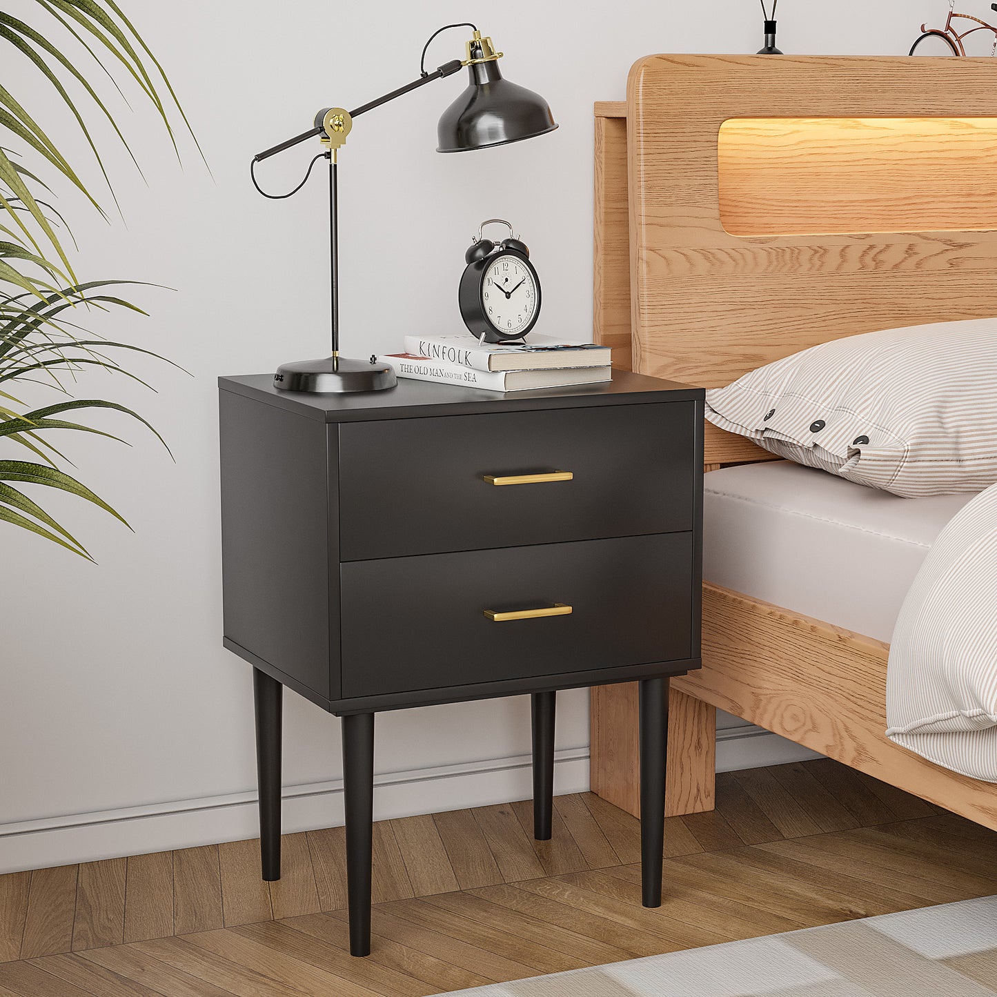 Smuxee Classic Nightstand with 2 Drawer Black Bedside Table for Bedrooms