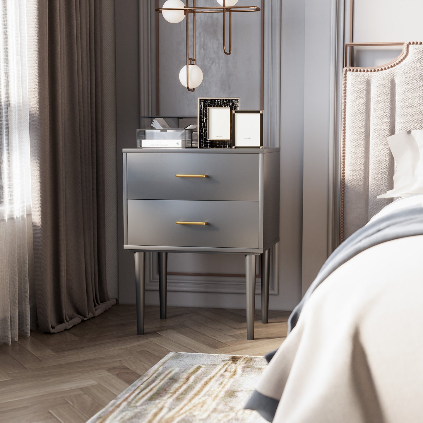 Smuxee Classic Nightstand with 2 Drawer Black Bedside Table for Bedrooms
