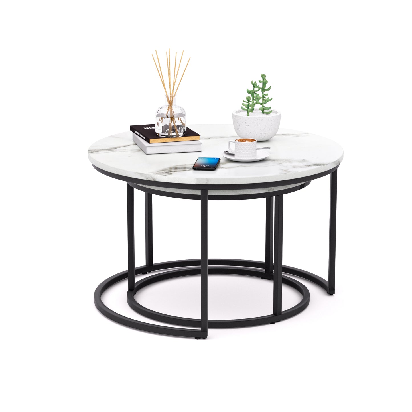 Modern Round Nesting Coffee Table Set 2pc Solid Metal Frame