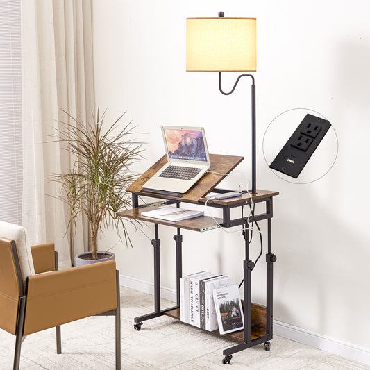 Smart FENDEE Adjustable Wood Computer Desk with Floor Lamp,Rollers,Sockets