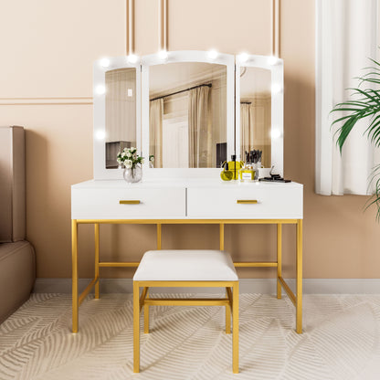 Smuxee Modern Dressing Table Set with 10 LED Lights and Mirror ,Black