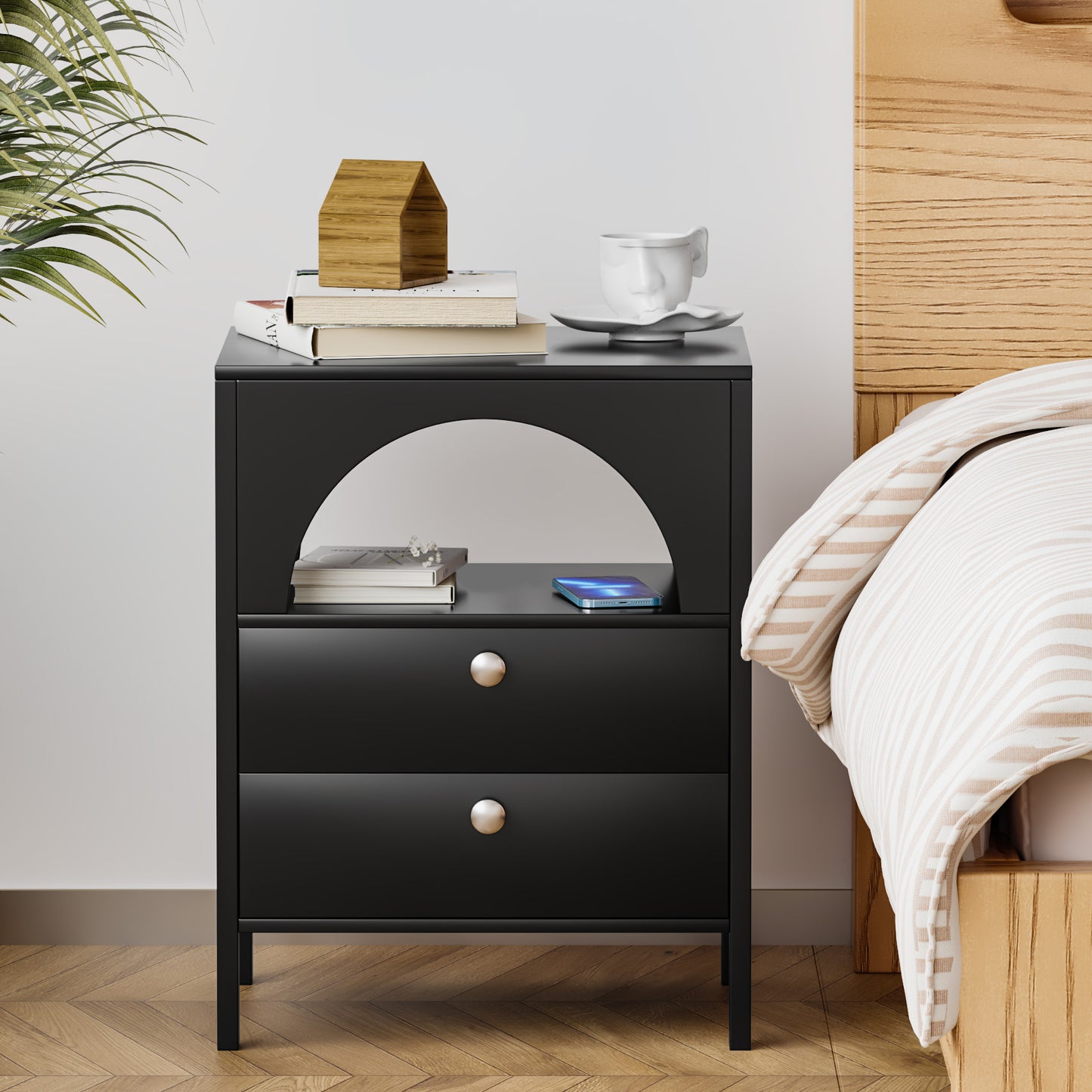 Algherohein Black Modern Nightstand 2 Drawers Beside Table for Bedroom