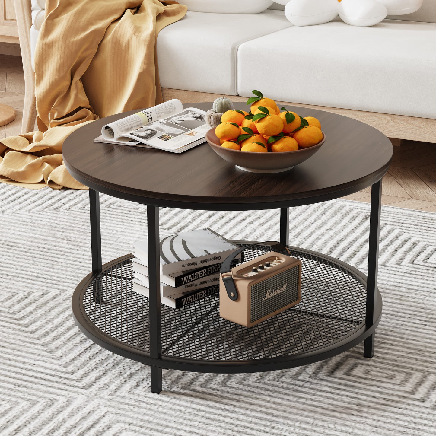 Smart FENDEE Modern Wood Round Coffee Table with Storage Shelf,31.5"