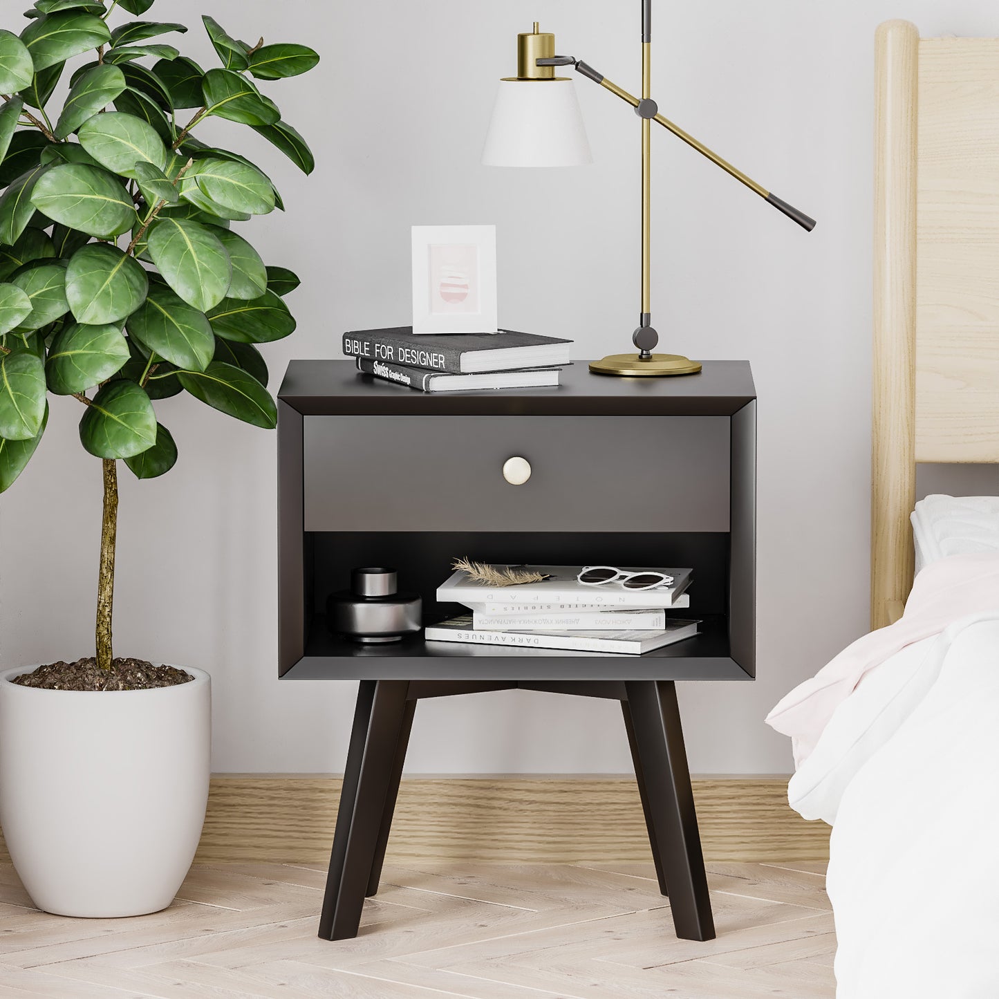 Algherohein Classic 1 Drawer Black Finish Nightstands for Bedroom