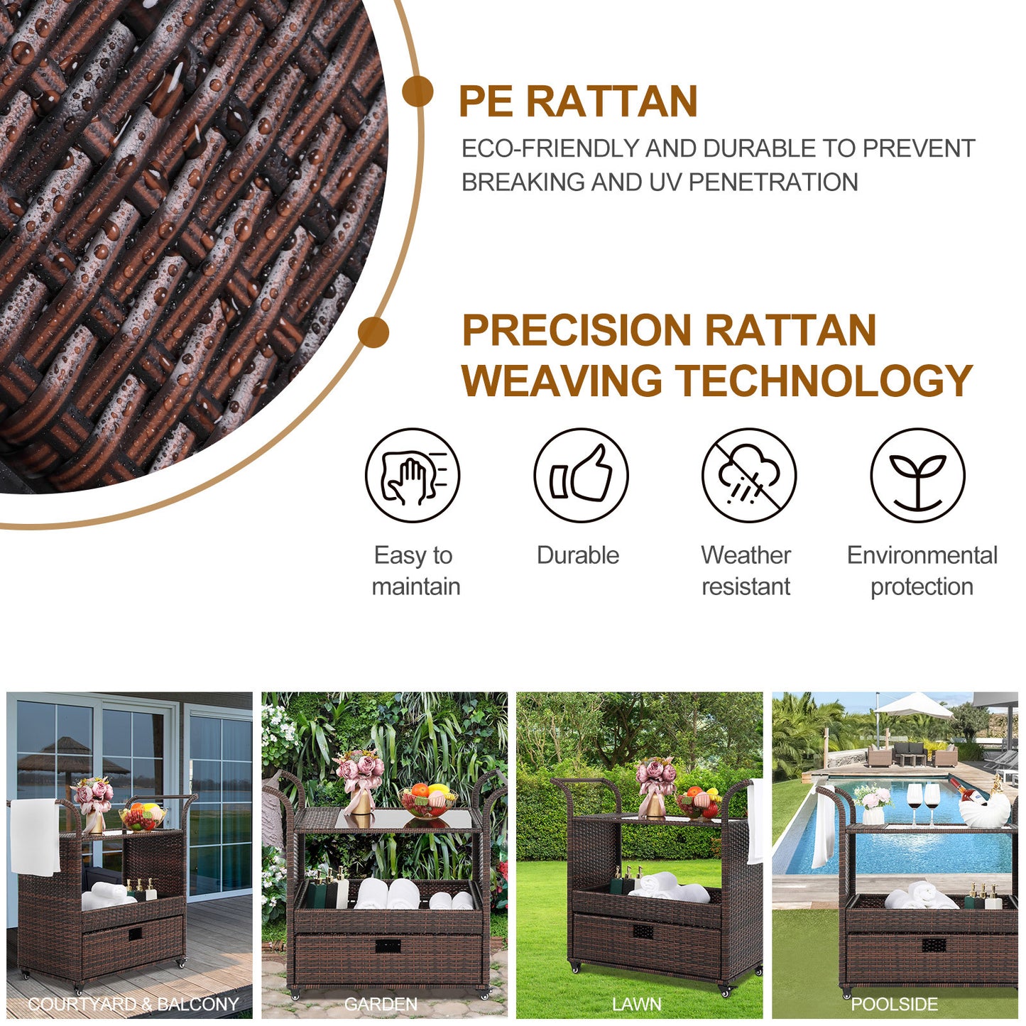 Outdoor Patio Wicker Rattan Serving Bar Cart Sideboard On Wheels Brown Gradient
