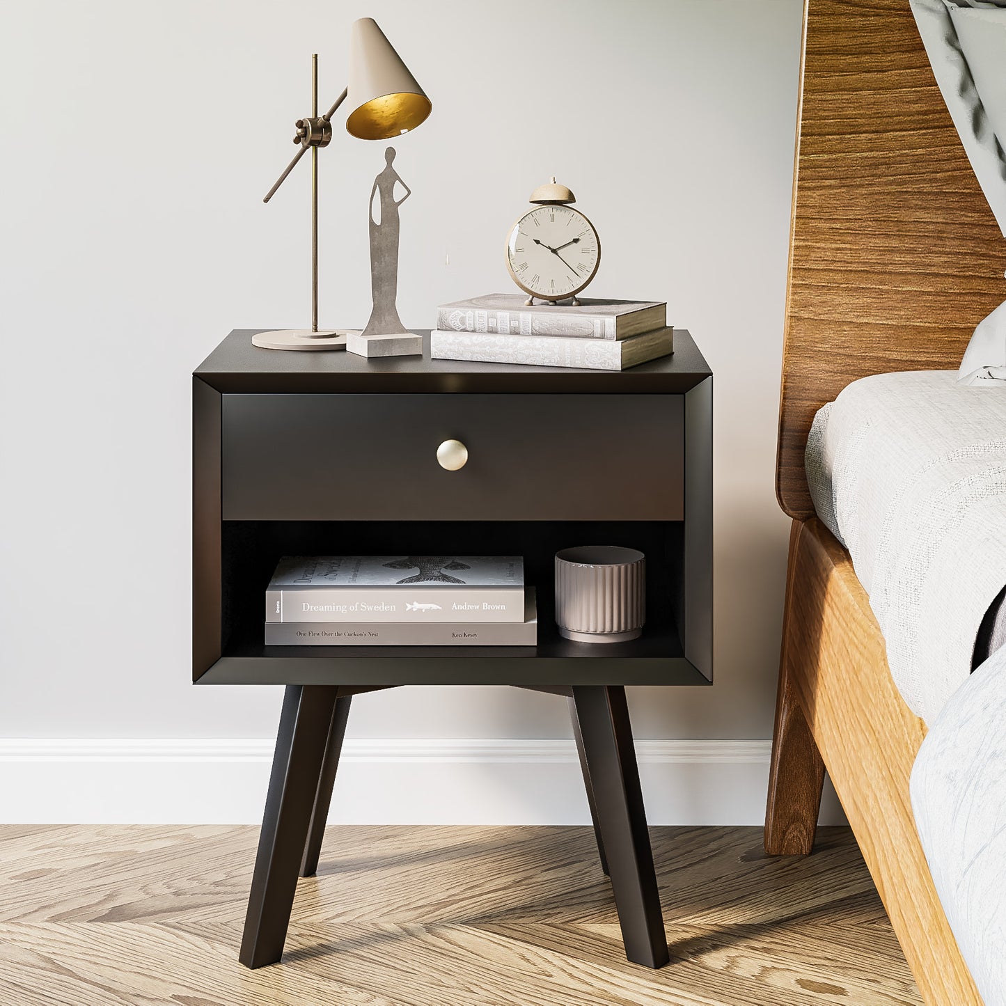 Algherohein Classic 1 Drawer Black Finish Nightstands for Bedroom