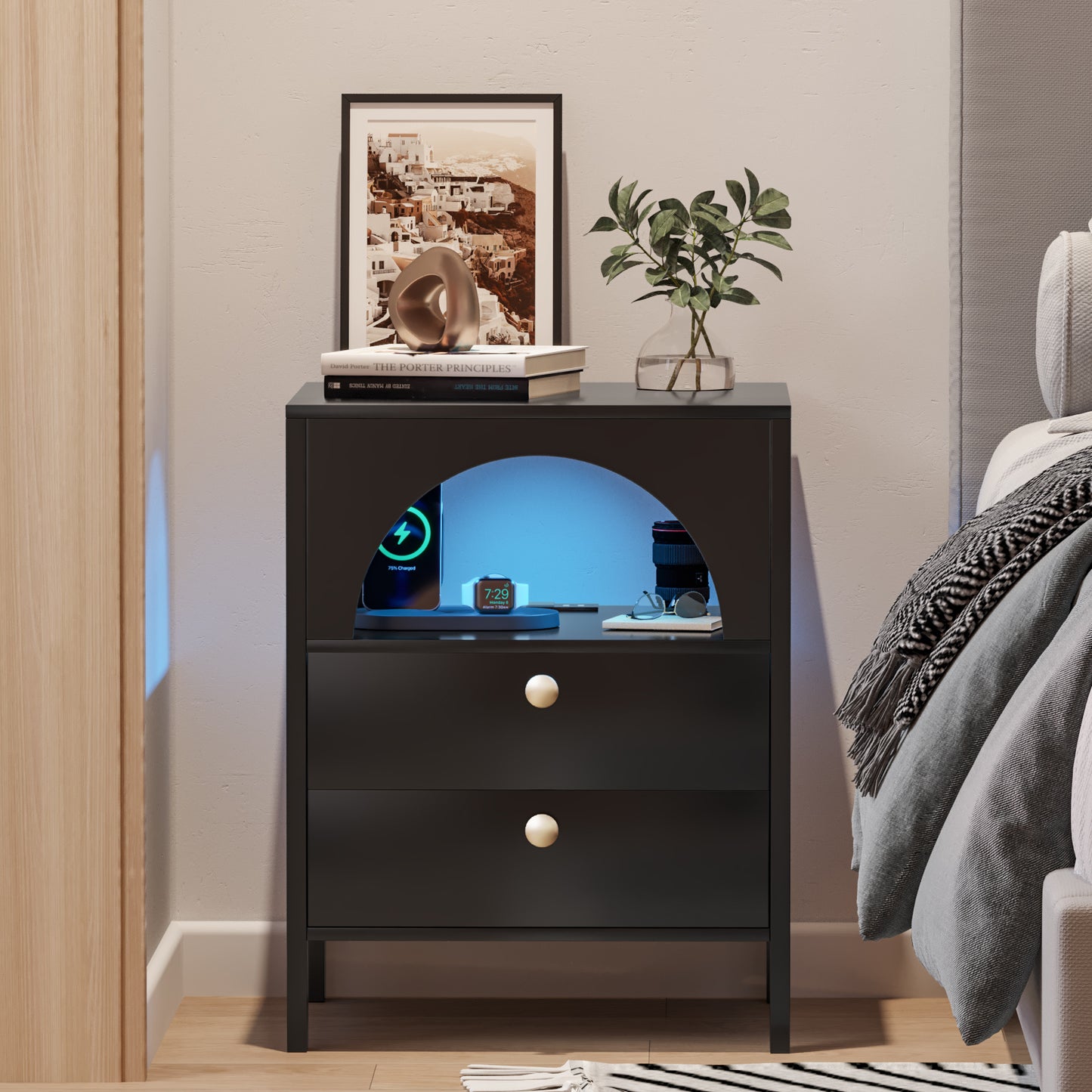 Algherohein Black Modern Nightstand 2 Drawers Beside Table for Bedroom