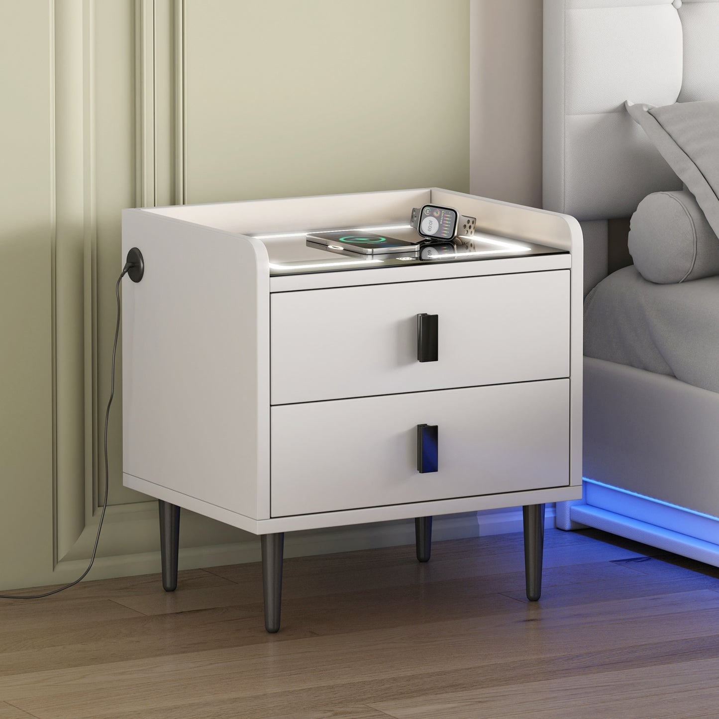 Nightstand with Wireless Charging Station,USB Charging and Adjustable LED Lights, Modern End Table with 2 Drawers for Bedroom,White