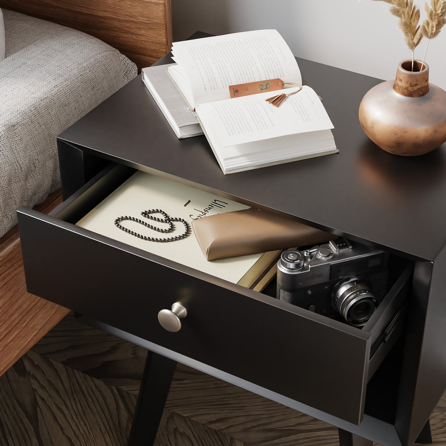Algherohein Classic 1 Drawer Black Finish Nightstands for Bedroom