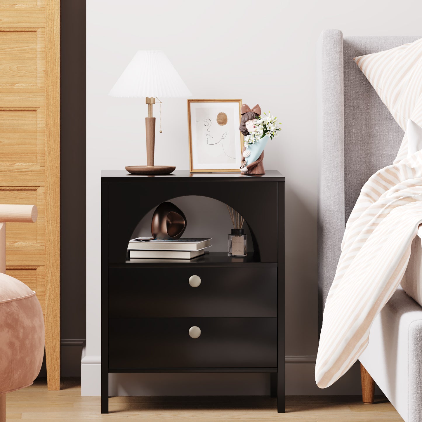 Algherohein Black Modern Nightstand 2 Drawers Beside Table for Bedroom