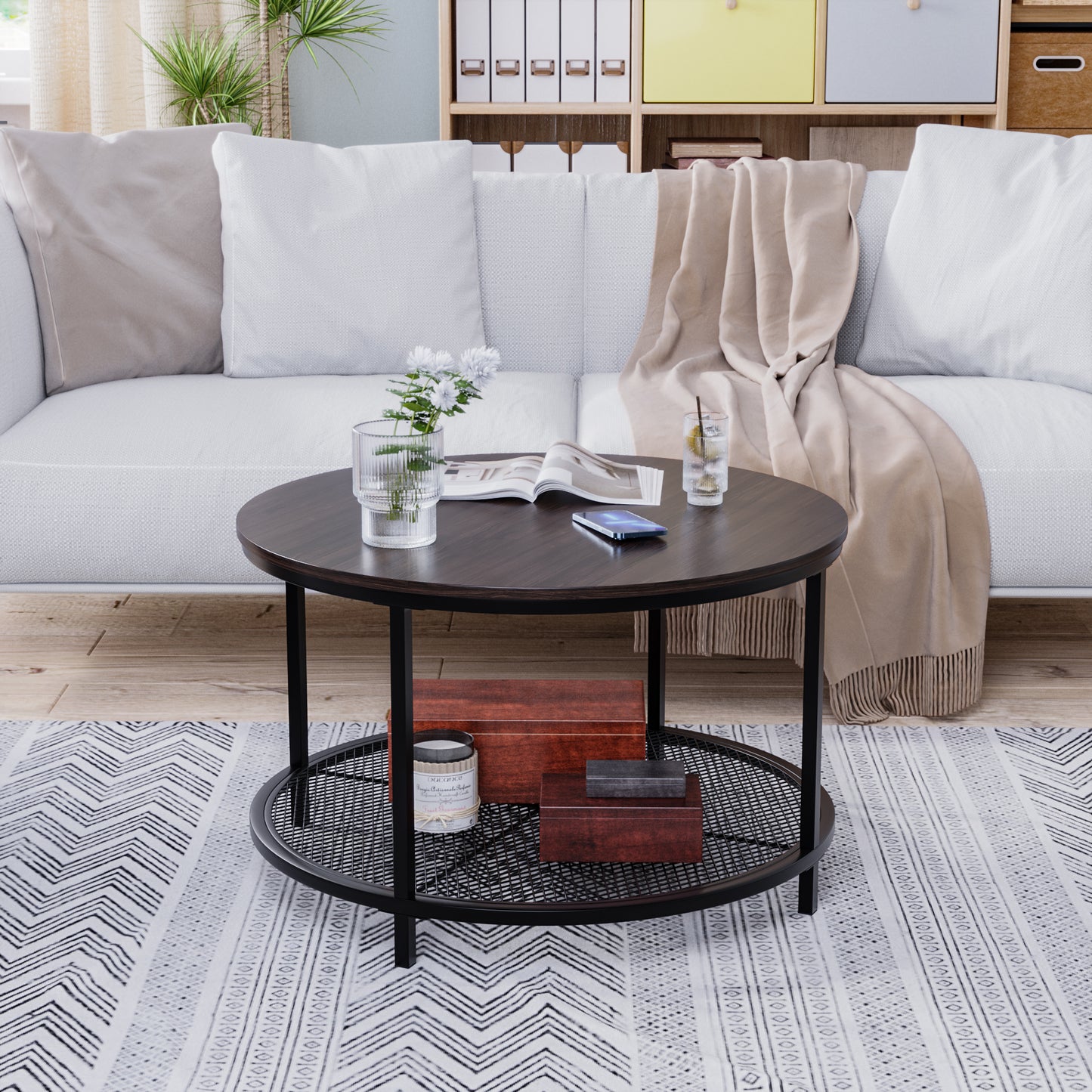 Smart FENDEE Modern Wood Round Coffee Table with Storage Shelf,31.5"