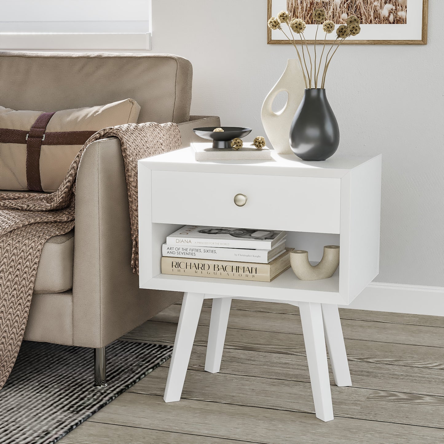 Algherohein Classic 1 Drawer Black Finish Nightstands for Bedroom