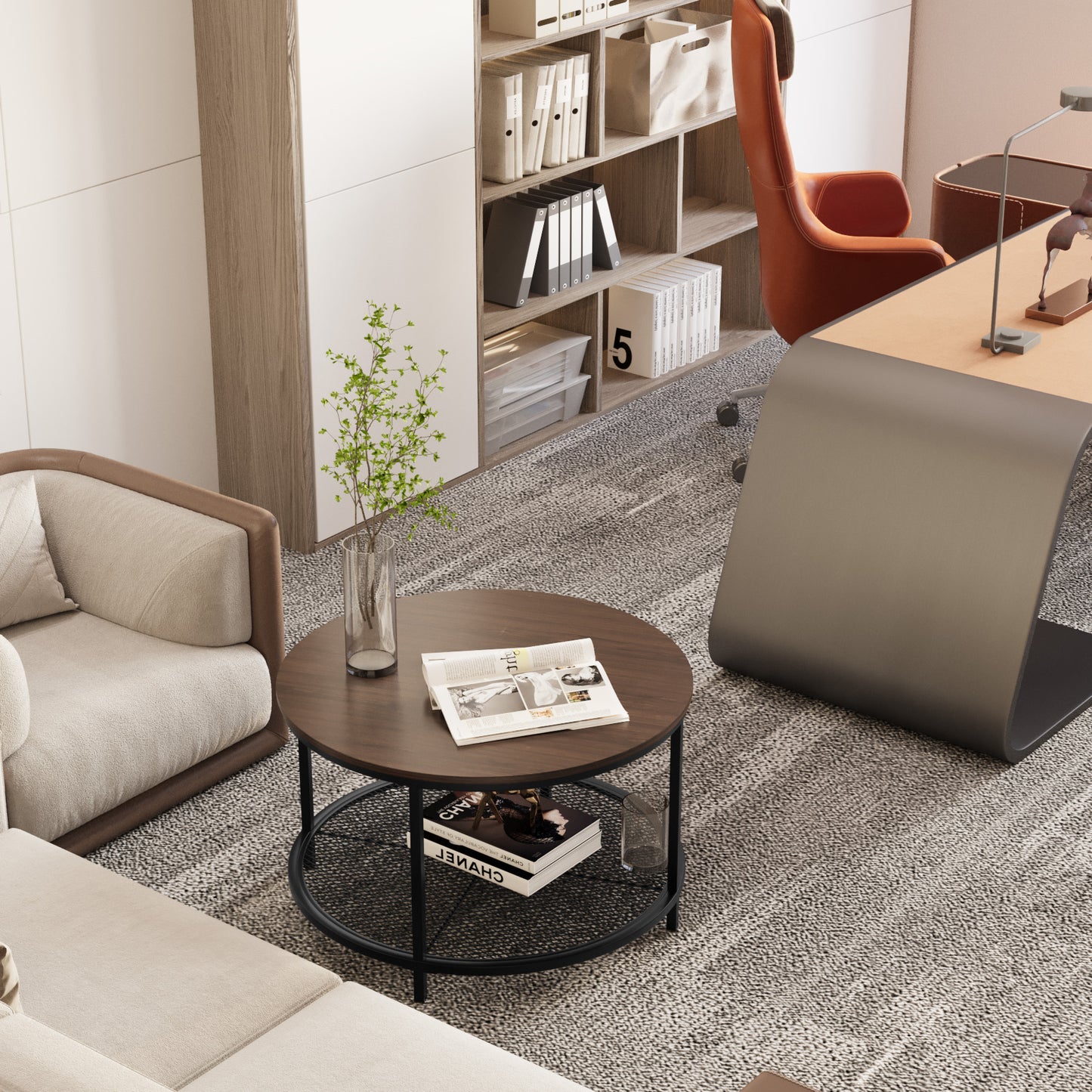 Smart FENDEE Modern Wood Round Coffee Table with Storage Shelf,31.5"