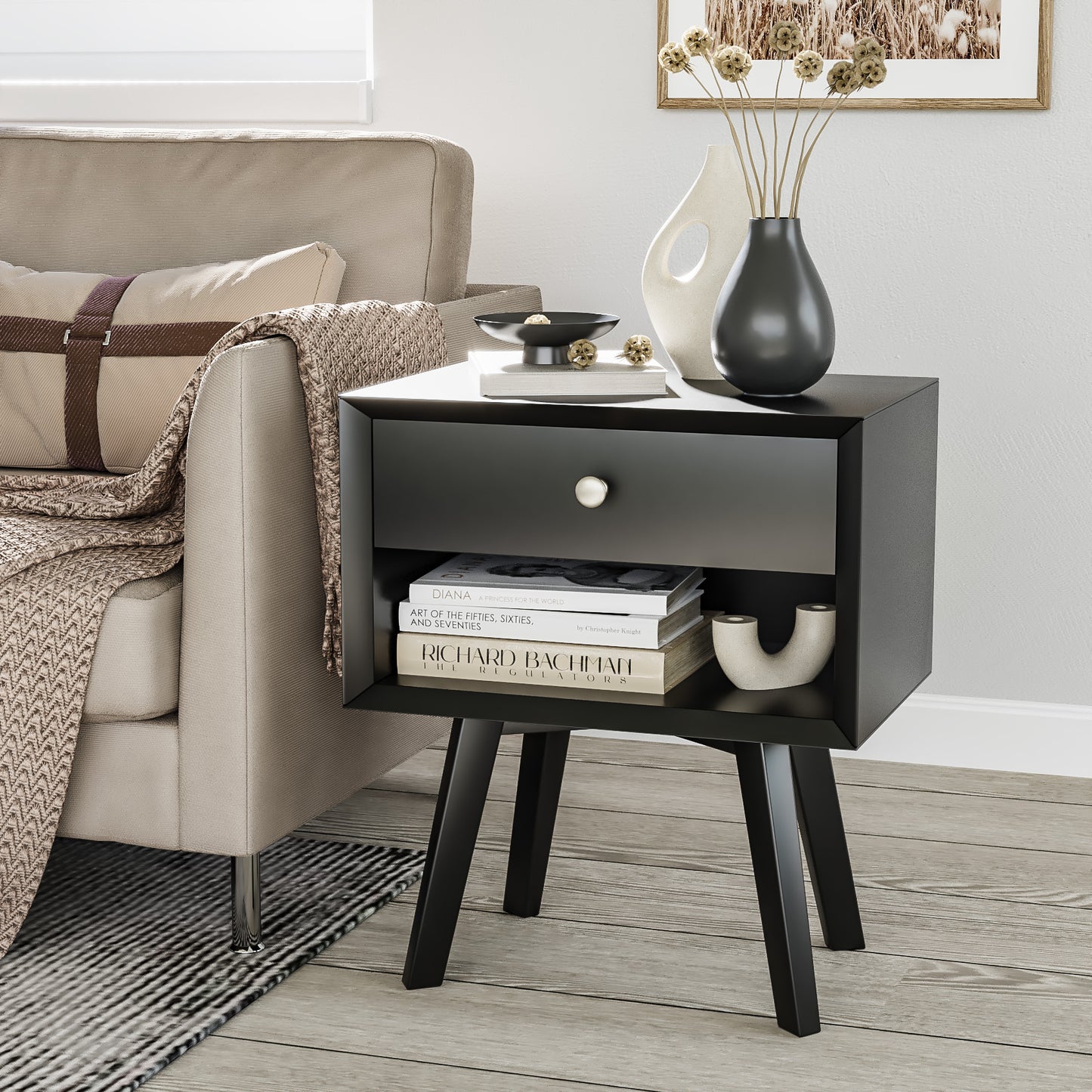 Algherohein Classic 1 Drawer Black Finish Nightstands for Bedroom