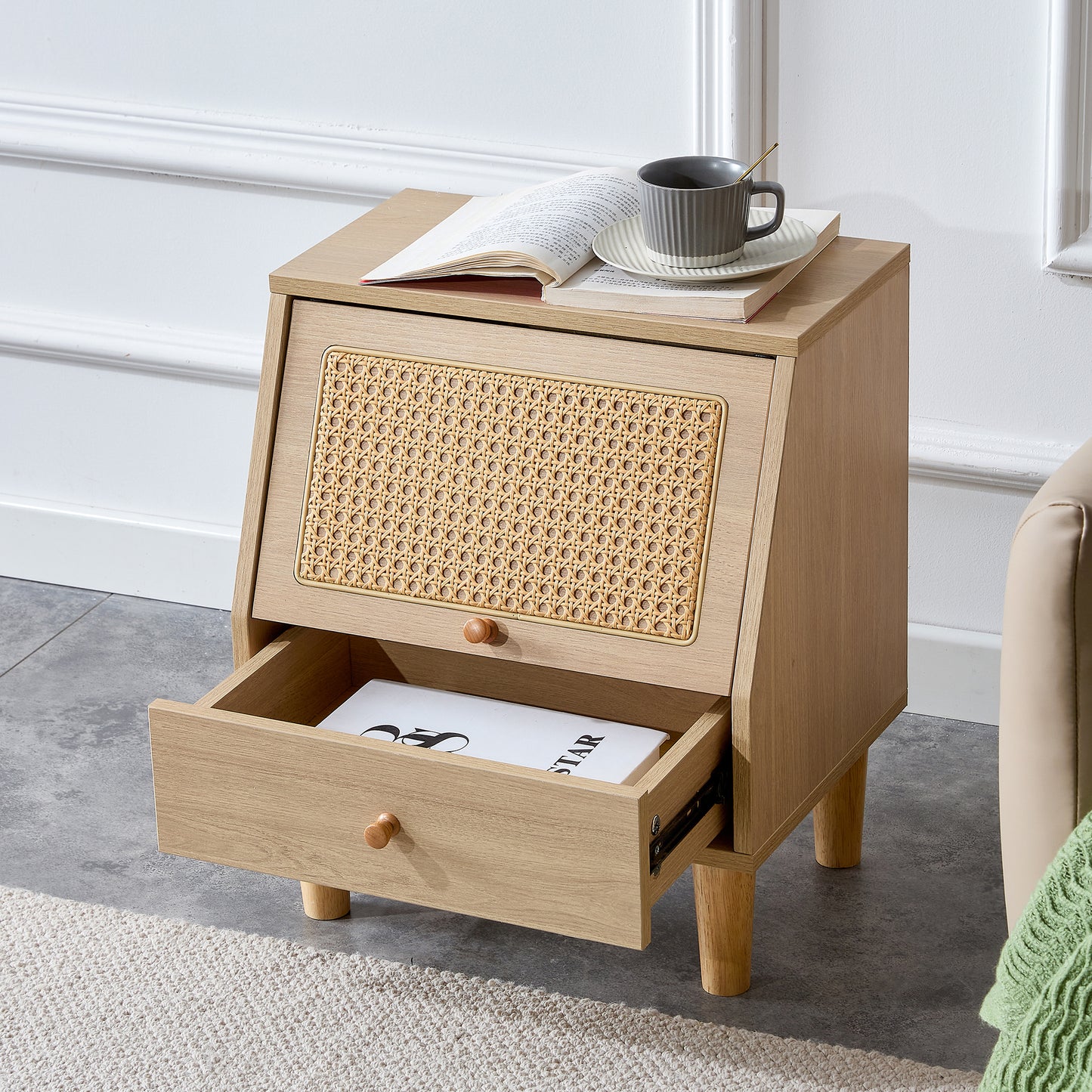 Modern simple storage cabinet bedside cabinet rattan bedside cabinet Small household furniture bedside table