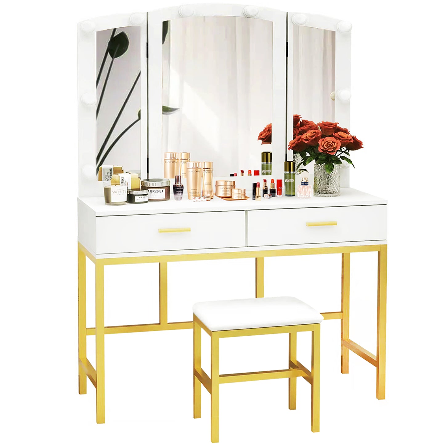 Smuxee Modern Dressing Table Set with 10 LED Lights and Mirror ,Black