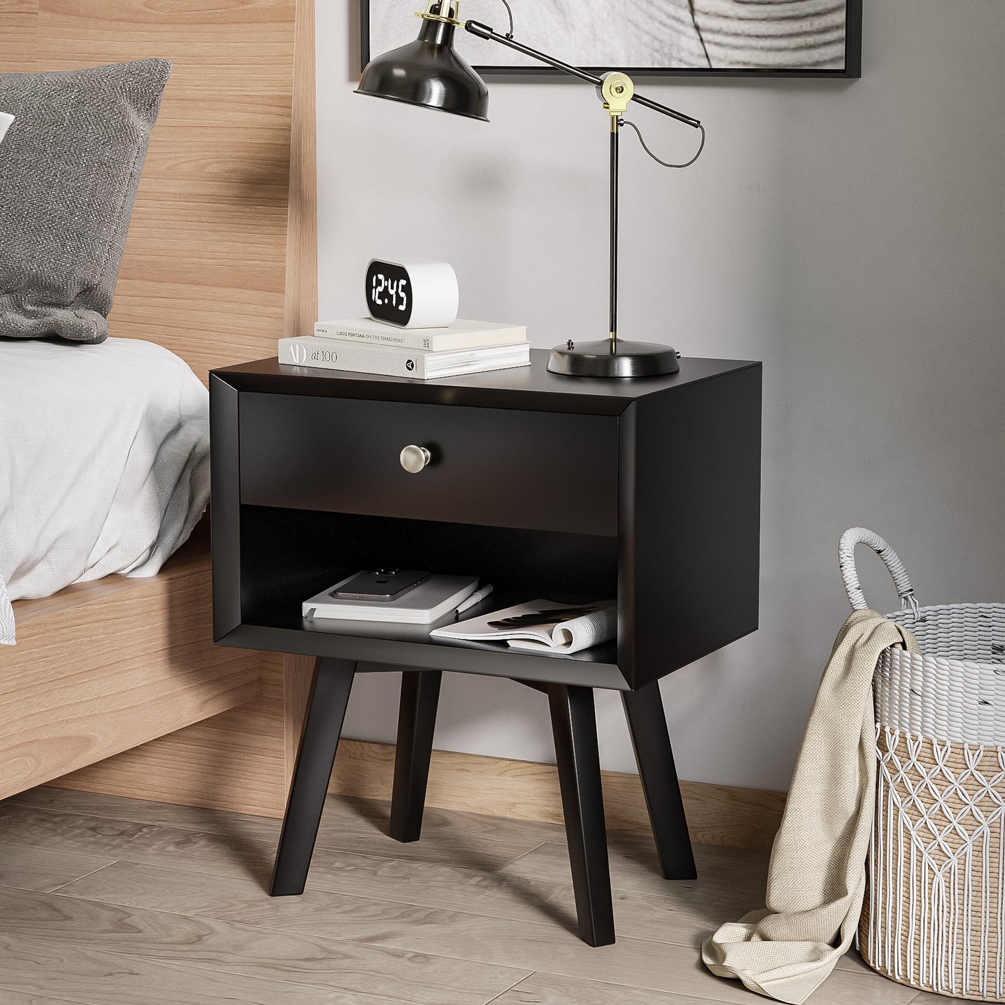 Algherohein Classic 1 Drawer Black Finish Nightstands for Bedroom