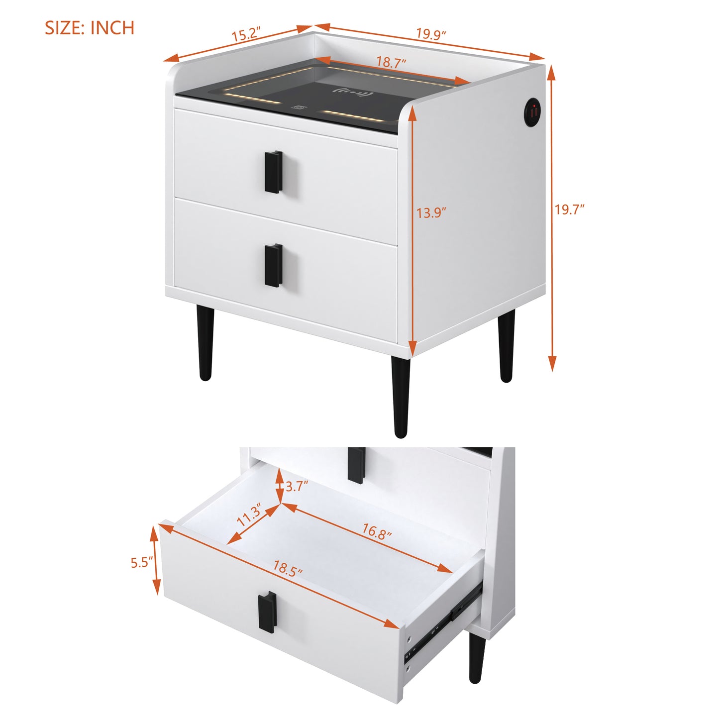 Nightstand with Wireless Charging Station,USB Charging and Adjustable LED Lights, Modern End Table with 2 Drawers for Bedroom,White
